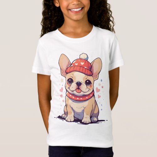 Cute French Bulldog with hat and scarf T_Shirt