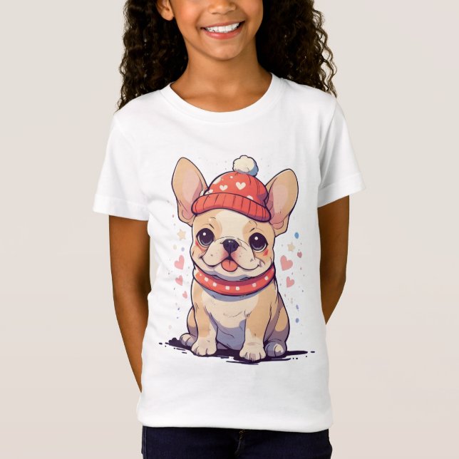 Cute French Bulldog with hat and scarf T-Shirt (Front)