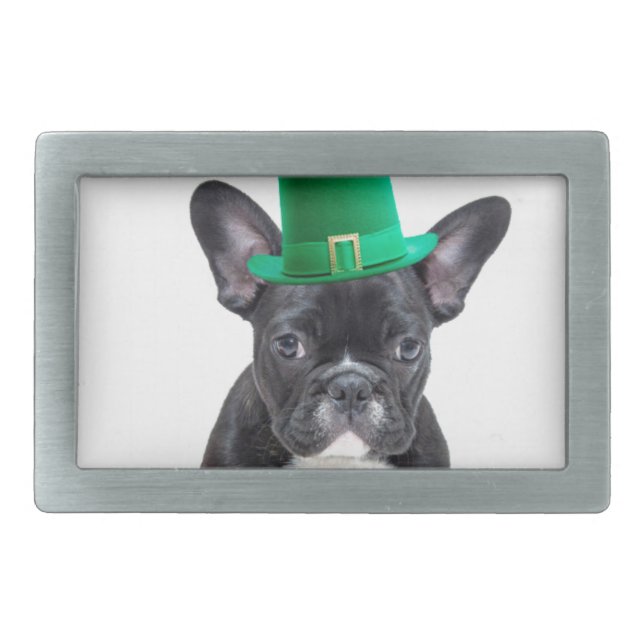 Cute French Bulldog with Hat St. Patrick's Day Rectangular Belt Buckle (Front)