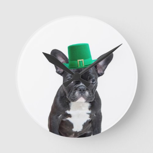 Cute French Bulldog with Hat St Patricks Day Round Clock
