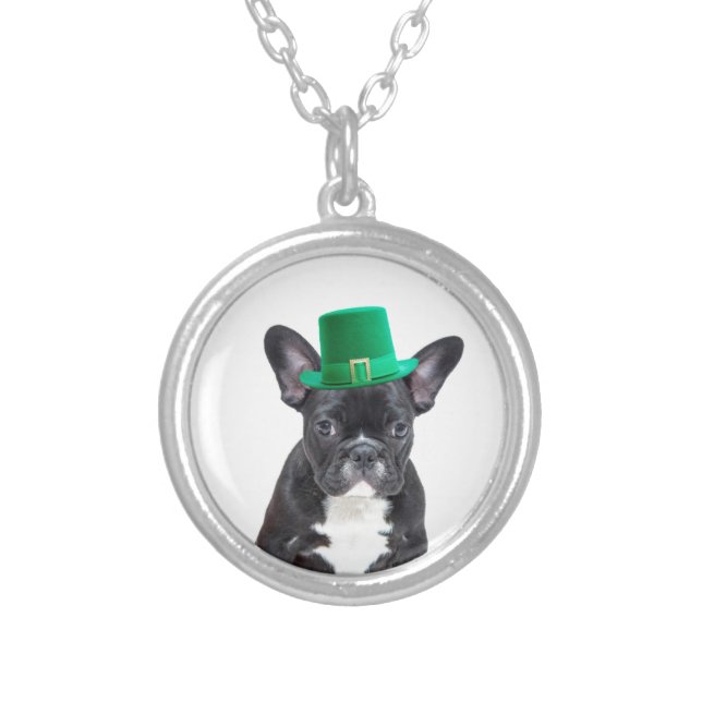 Cute French Bulldog with Hat St. Patrick's Day Silver Plated Necklace (Front)