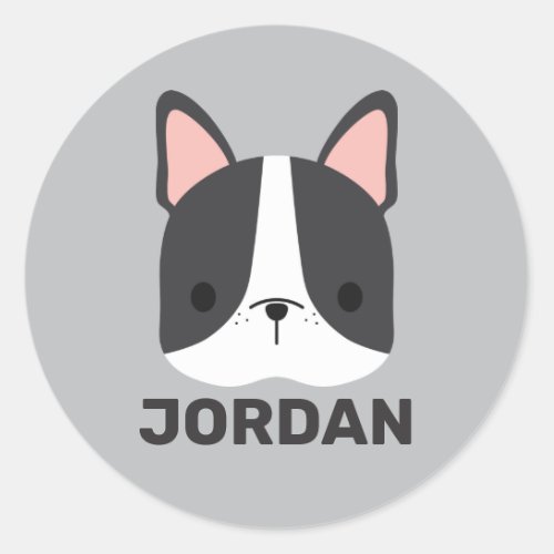 Cute French Bulldog with Personalized Name Classic Round Sticker
