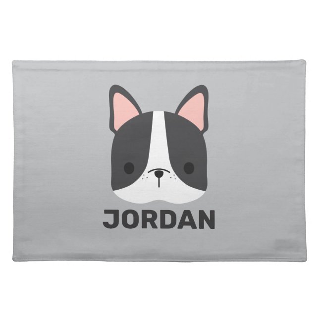 Cute French Bulldog with Personalized Name Cloth Placemat (Front)