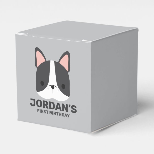 Cute French Bulldog with Personalized Name Favor Boxes (Front Side)
