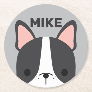 Cute French Bulldog with Personalized Name Round Paper Coaster