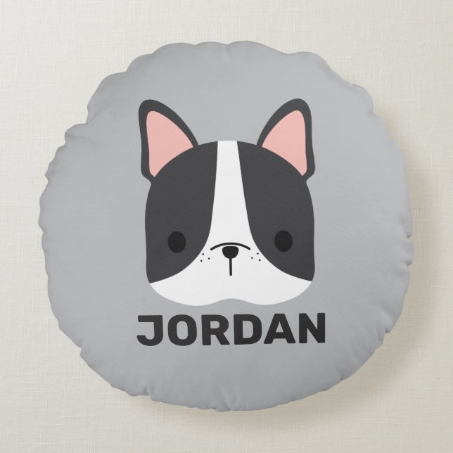 Cute French Bulldog with Personalized Name Round Pillow (Front)