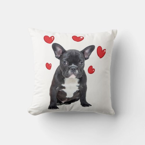 Cute French Bulldog With Red Hearts Pillow