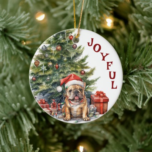 Cute French Bulldog Wrapped in Christmas Lights Ceramic Ornament