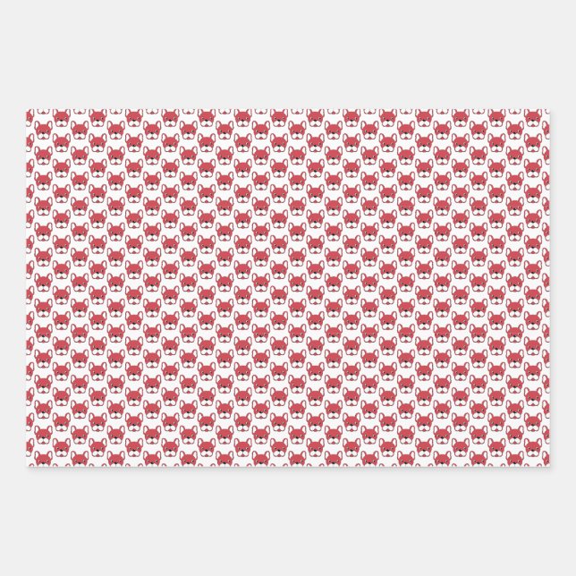 Cute French Bulldogs Animated Pets Red White Black Wrapping Paper Sheets (Front)