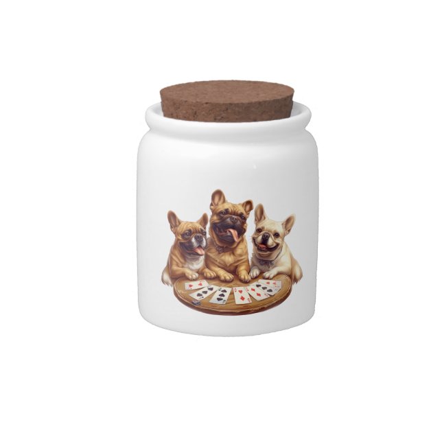 Cute French Bulldogs Playing Cards Candy Jar (Front)