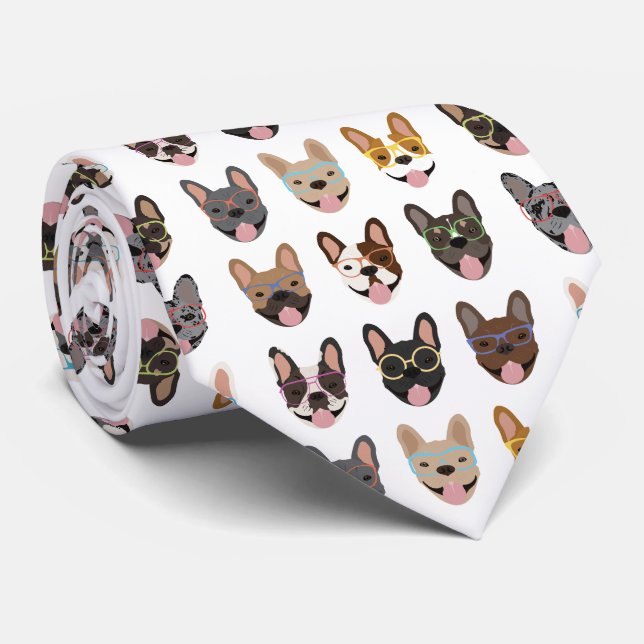 Cute French Bulldogs Wearing Glasses Neck Tie (Rolled)