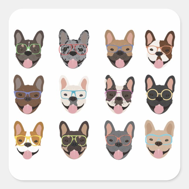 Cute French Bulldogs Wearing Glasses Square Sticker (Front)