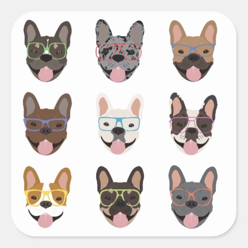 Cute French Bulldogs Wearing Glasses Square Sticker