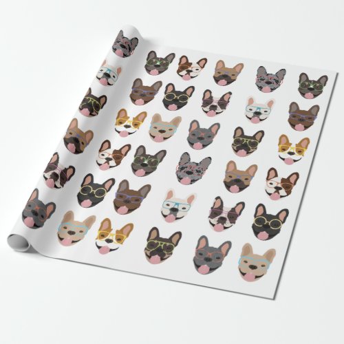Cute French Bulldogs Wearing Glasses Wrapping Paper