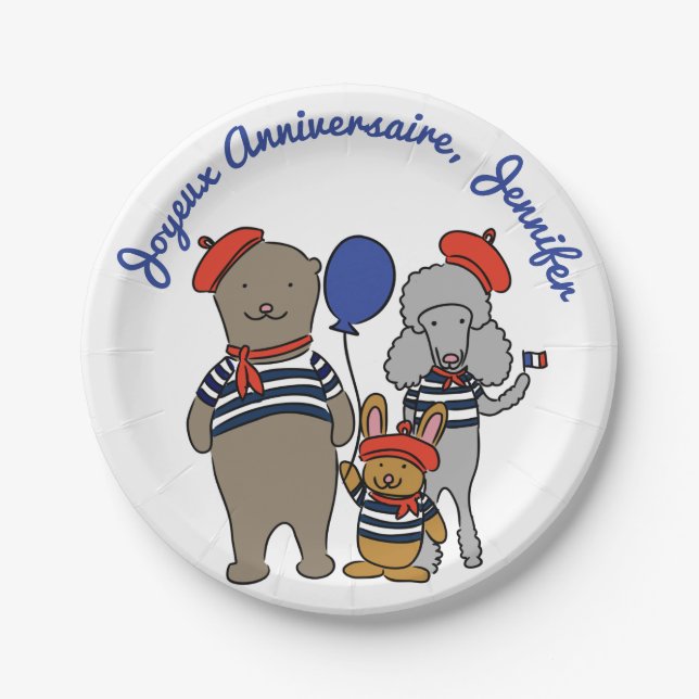 Cute French Cartoon Animals Personalizd Birthday Paper Plates (Front)