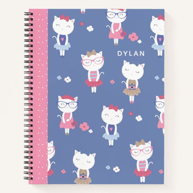 Cute French Cats Pattern Blue Personalized Sketch Notebook (Front)