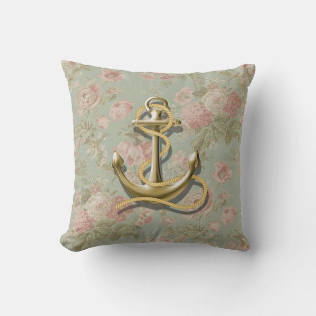 cute french country floral girly nautical anchor throw pillow (Front)