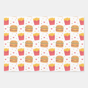 Cute French Fries and Burger Pattern Wrapping Paper Sheets