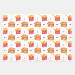 Cute French Fries and Burger Pattern Wrapping Paper Sheets