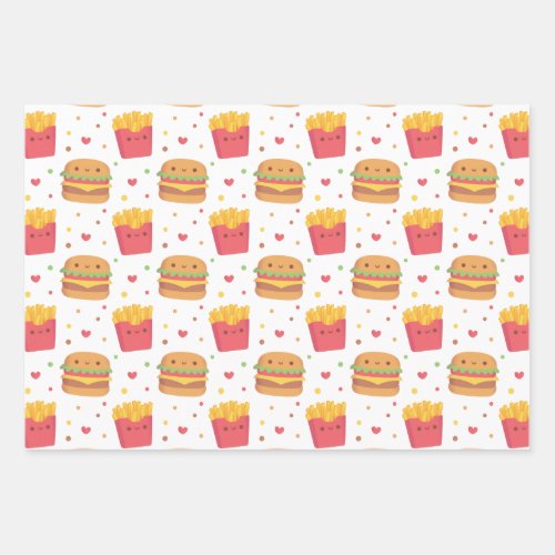 Cute French Fries and Burger Pattern Wrapping Paper Sheets