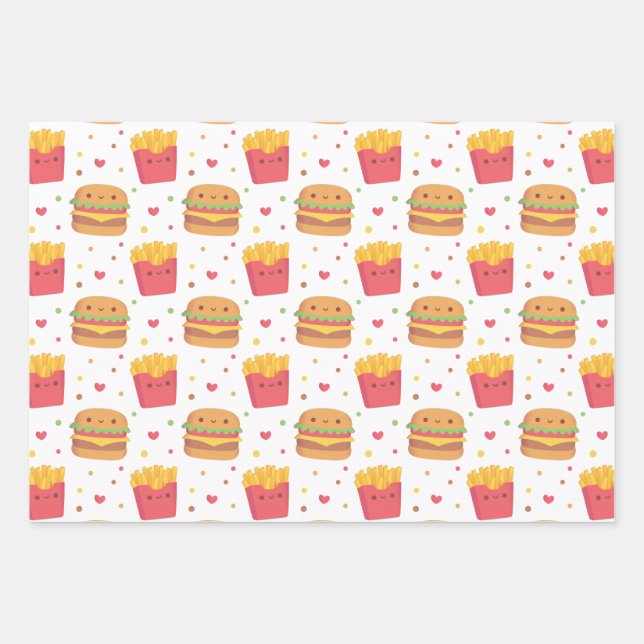 Cute French Fries and Burger Pattern Wrapping Paper Sheets (Front)