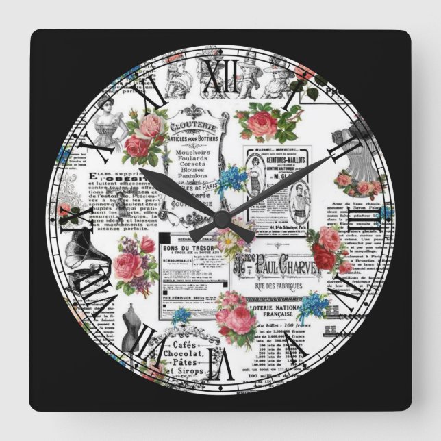 Cute French Newspaper Roman Numeral Square Wall Clock (Front)