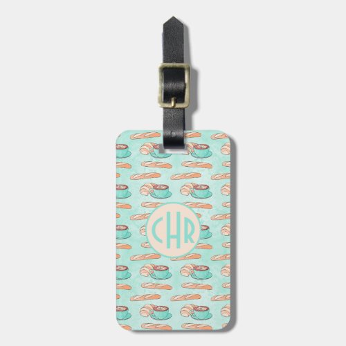 Cute French Pastries and Cappuccino  Pastel Blue Luggage Tag