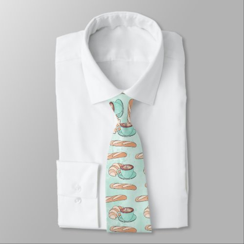 Cute French Pastries and Cappuccino  Pastel Blue Neck Tie