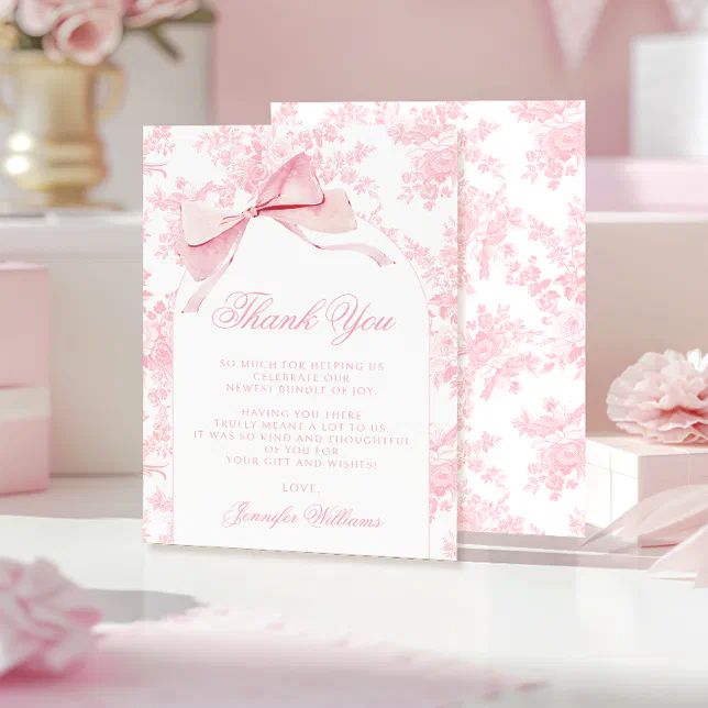 Cute French Pink Bow Floral Baby Girl Shower Thank You Card | Zazzle
