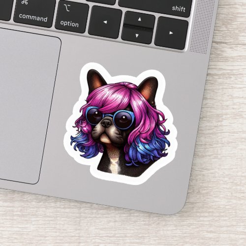 Cute French Terrier Wearing Shades and Wig Sticker