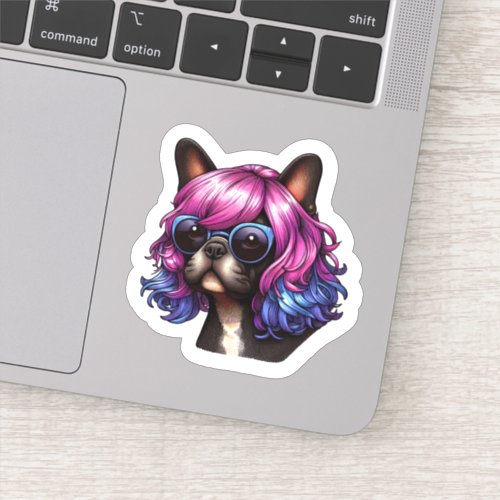 Cute French Terrier Wearing Shades and Wig Sticker