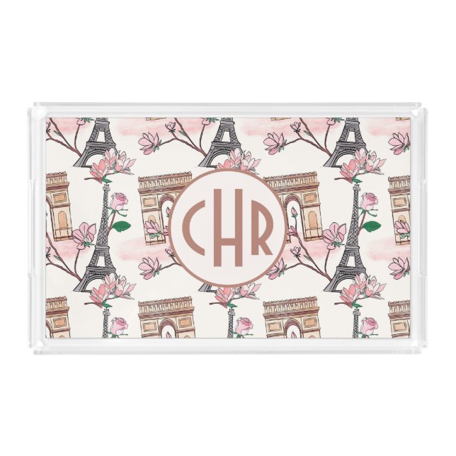 Cute French Theme Monogram | France Landmarks Acrylic Tray (Front)