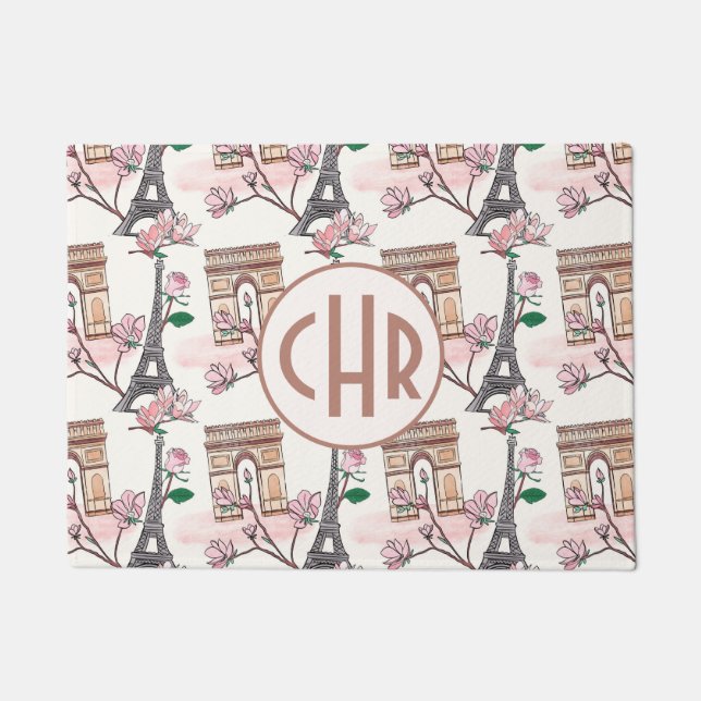 Cute French Theme Monogram | France Landmarks Doormat (Front)