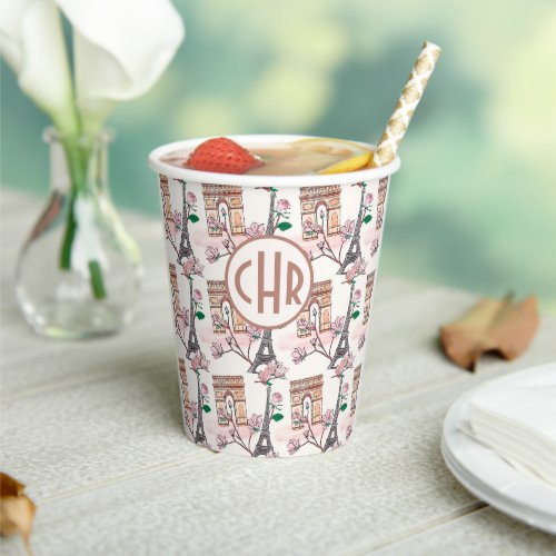 Cute French Theme Monogram  France Landmarks Paper Cups