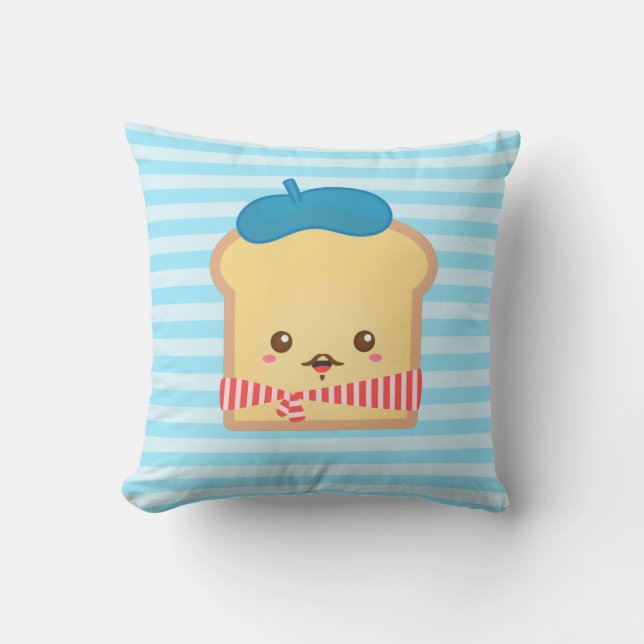 cute French toast with blue beret hat Throw Pillow (Front)