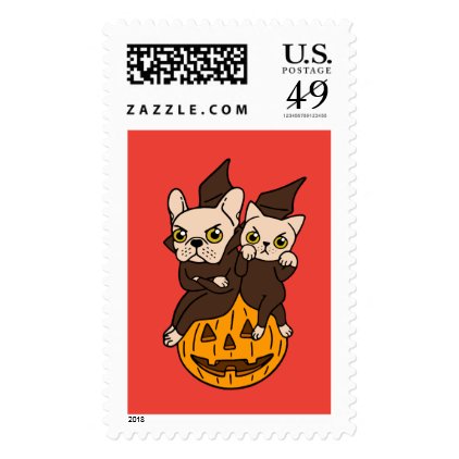 Cute Frenchie and kitten are Halloween buddies Postage