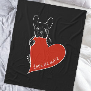 Cute Frenchie Dog with a Red Heart Fleece Blanket