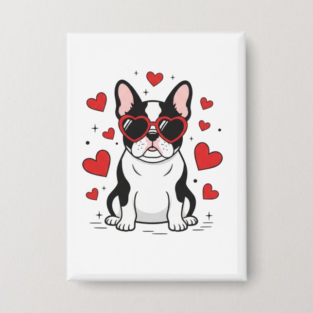 Cute Frenchie in Love Heart Sunglasses Illustratio Button (Front)