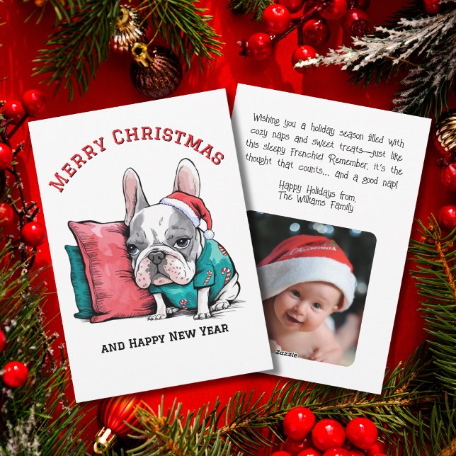 cute Frenchie pet dog, Santa hat, Funny Christmas Holiday Card (Creator Uploaded)