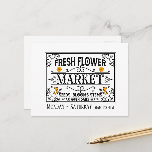Cute fresh flower market add days hours postcard (Front/Back In Situ)