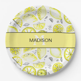 Cute Fresh Lemon Citrus Doodle Yellow Monogram Paper Plates