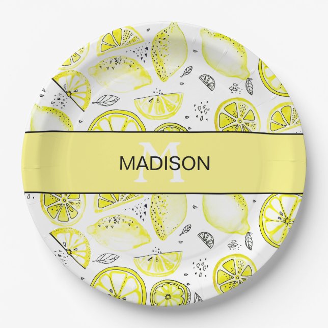 Cute Fresh Lemon Citrus Doodle Yellow Monogram Paper Plates (Front)