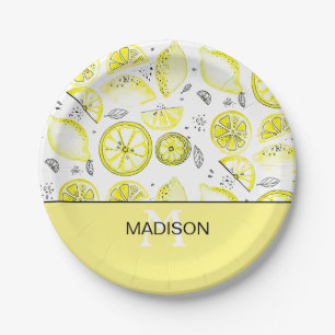 Cute Fresh Lemon Citrus Doodle Yellow Monogram Paper Plates