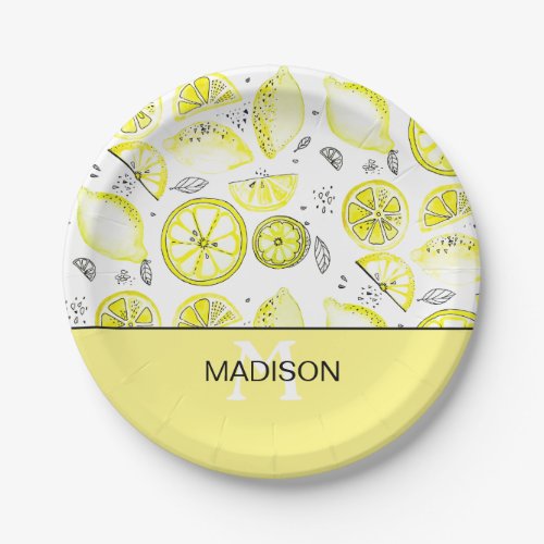 Cute Fresh Lemon Citrus Doodle Yellow Monogram Paper Plates