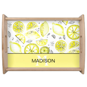 Cute Fresh Lemon Citrus Doodle Yellow Monogram Serving Tray