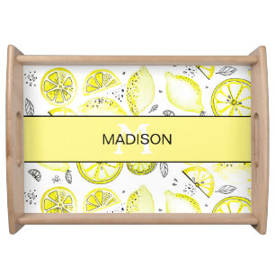 Cute Fresh Lemon Citrus Doodle Yellow Monogram Serving Tray