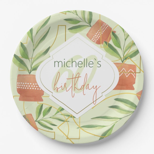 Cute Fresh Plants In Ceramic Pots Watercolor  Paper Plates (Front)