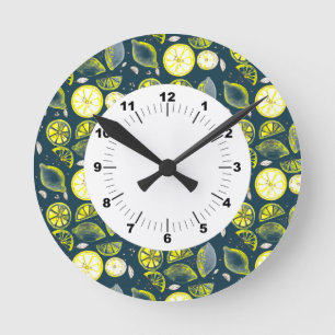 Cute Fresh Summer Lemon Citrus Doodle Yellow Blue Round Clock