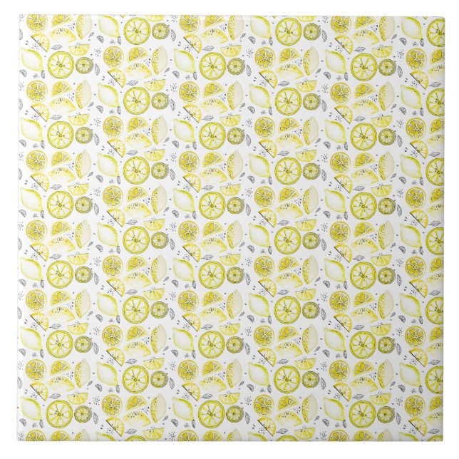 Cute Fresh Summer Lemon Citrus Doodle Yellow Ceramic Tile (Front)