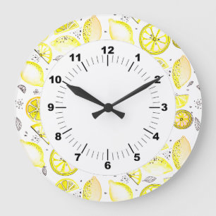 Cute Fresh Summer Lemon Citrus Doodle Yellow Large Clock